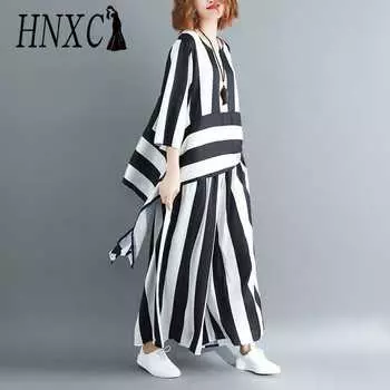 HNXC Летний Художественный Неровный Полосатый Оверсайз Свободный Пуловер и Комплект Широких Брюк для Женщин One Size