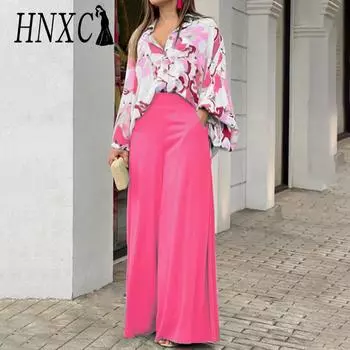 HNXC Летняя женская рубашка с принтом, свободная и дышащая, стильные брюки, модный и повседневный комплект S синий