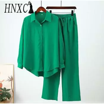 HNXC Модная осенне-зимняя свободная эластичная рубашка с длинными рукавами и широкими брюками, повседневный комплект из двух предметов для женщин S белый
