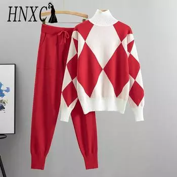 HNXC Модный женский комплект из двух предметов: повседневный вязаный клетчатый свитер на весну и осень S хаки