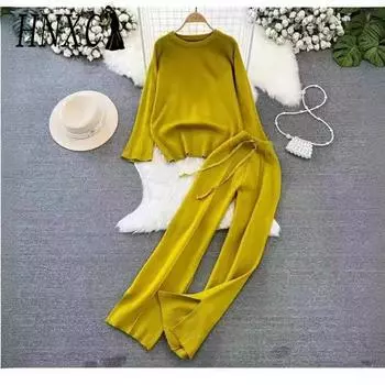 HNXC Модный женский свитер свободного кроя с длинными рукавами и круглым вырезом на весну и осень, комплект из двух предметов, с высокой талией, прямые широкие брюки One Size чёрный