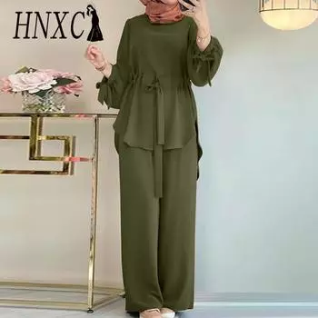 HNXC Мусульманская женская одежда, однотонный комплект из двух предметов с завязками на шнурке, топ с круглым вырезом, широкие брюки, элегантный женский костюм S чёрный