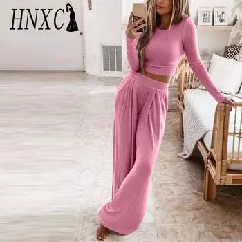 HNXC Осенне-зимняя женская одежда, однотонный трикотажный повседневный домашний комплект из двух предметов S розовый
