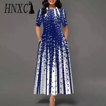 HNXC Повседневное женское платье-пуловер со средней талией и круглым вырезом, платье с принтом и большим подолом, платье с коротким рукавом и длиной до щиколотки, женские платья S чёрный