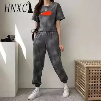 HNXC Повседневный и модный женский костюм на лето, нетрадиционный летний стиль, комплект из двух предметов спортивной одежды для женщин M серый