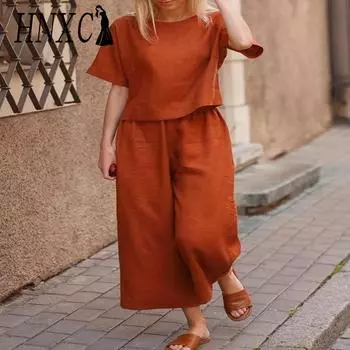 HNXC Повседневный костюм больших размеров, свободная однотонная рубашка и брюки, комплект из двух предметов S