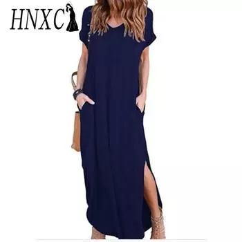 HNXC Сексуальное женское платье размера плюс 5XL, летнее однотонное повседневное платье макси с коротким рукавом для женщин, длинное платье, женские платья S белый