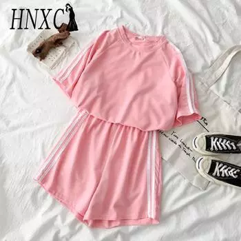 HNXC Спортивный комплект с коротким рукавом и шортами для летних девочек, учениц средней школы, свободный повседневный спортивный костюм из двух предметов для бега и бега M чёрный