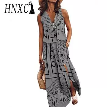 HNXC Summer Women Dress Long Sleeveless Casual Ladies Dress Zipper Letter Print Waist S белый