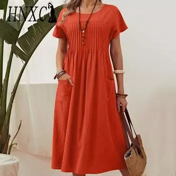 HNXC Summer Women Plus Size Dress Long Solid Cotton Linen Round Neck Pockets Pleated Short Sleeve Dresses S красный