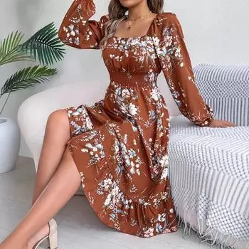 HNXC Весенне-летнее элегантное платье А-силуэта с цветочным узором, длинными рукавами, приталенное, с оборками для женской одежды S