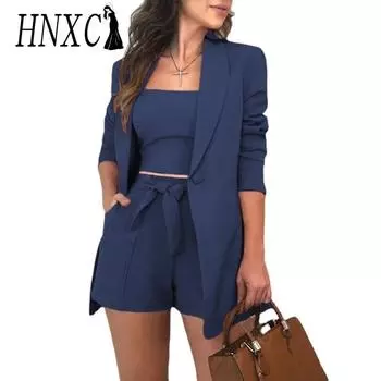 HNXC Весна-лето однотонный жилет, пиджак, элегантные шорты с высокой талией, женская одежда из трех предметов S белый