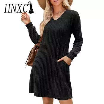 HNXC Women s Fashion Autumn Winter Solid Color Print Long Sleeve V-Neck Casual Dresses S зелёный