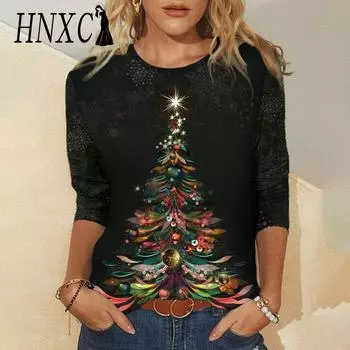 HNXC Women s Fashion Casual Autumn Winter Christmas Print Long Sleeve O-Neck Blouses & Shirts S