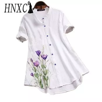 HNXC Женские модные повседневные летние блузки и рубашки с цветочным принтом и коротким рукавом с воротником-стойкой S белый