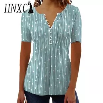 HNXC Women s Fashion Casual Summer Polka Dot Print Short Sleeve V-Neck Blouses & Shirts