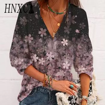 HNXC Women s Fashion Casual Summer Solid Color Print 3/4 Sleeve V-Neck Blouses & Shirts S