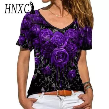 HNXC Women s Fashion Casual Summer Spring Floral Print Short Sleeve V-Neck Blouses & Shirts