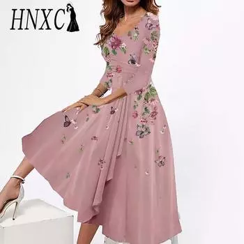 HNXC Women s Fashion Spring Autumn Floral Print Long Sleeve V-Neck Casual Dresses