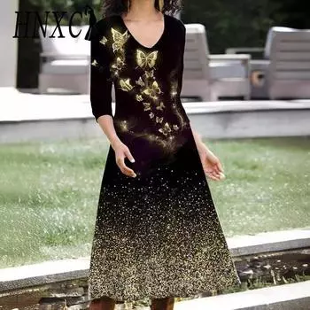 HNXC Women s Fashion Summer Spring 3/4 Sleeve O-Neck Casual Dresses S золотой