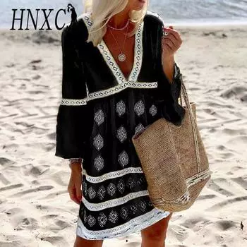 HNXC Women s Fashion Summer Spring 3/4 Sleeve V-Neck Casual Dresses S красный