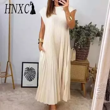 HNXC Women s Fashion Summer Spring Solid Color Print Sleeveless O-Neck Casual Dresses