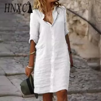 HNXC Женские модные летние весенние платья кэжуал с принтом однотонного цвета, рукав 2/1, воротник поло S белый