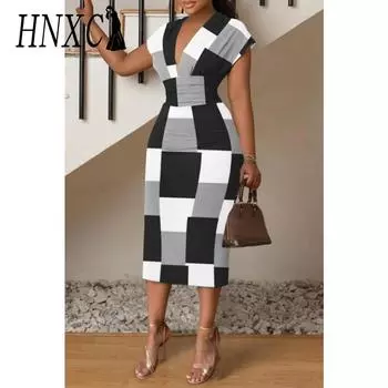 HNXC Женская мода Лето Весна Цветные Блоки Принт Без Рукавов V-образный вырез Повседневные Платья S