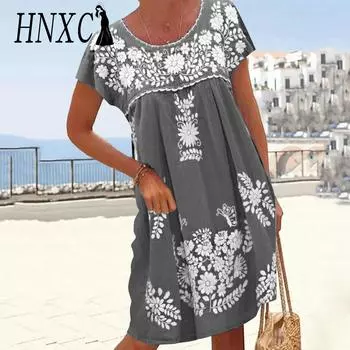 HNXC Женская мода Лето Весна Цветочный принт с коротким рукавом и круглым вырезом Повседневные платья S зелёный