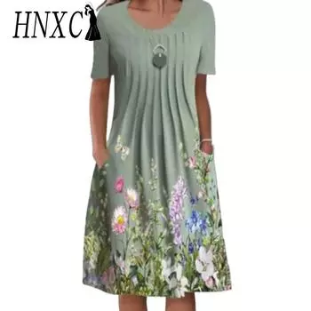 HNXC Женская мода Лето Весна Цветочный принт с коротким рукавом и круглым вырезом Повседневные платья