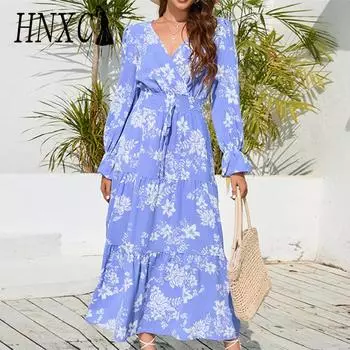 HNXC Женская мода Лето Весна Цветочный принт с длинным рукавом и v-образным вырезом с высокой талией Повседневные платья S синий