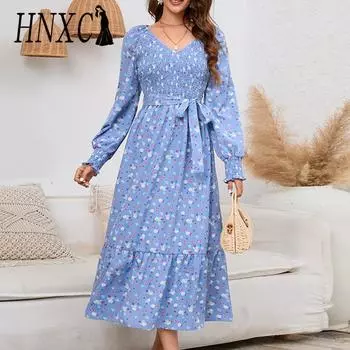 HNXC Женская мода Лето Весна Цветочный принт с длинным рукавом и v-образным вырезом с высокой талией Повседневные платья