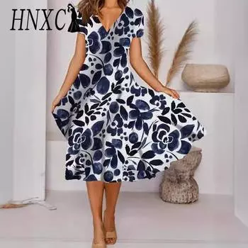 HNXC Женская мода Лето Весна Цветочный принт Короткие рукава V-образный вырез Повседневные платья S жёлтый