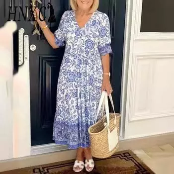 HNXC Женская мода Лето Весна Цветочный принт Короткие рукава V-образный вырез Повседневные платья S хаки