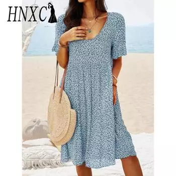 HNXC Женская мода Лето Весна Цветочный принт Короткие рукава U-образный вырез Повседневные платья S жёлтый