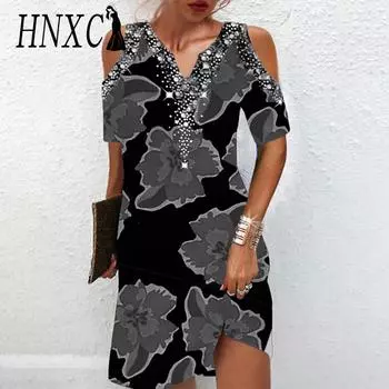 HNXC Женская мода Лето Весна Цветочный принт Короткие рукава V-образный вырез Повседневные платья S серый
