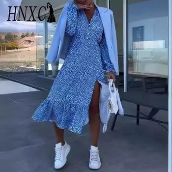 HNXC Женская мода Лето Весна Цветочный принт Короткие рукава V-образный вырез Повседневные платья S синий