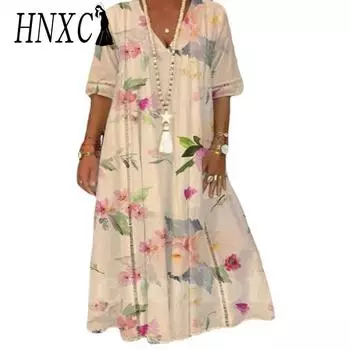 HNXC Женская мода Лето Весна Цветочный принт Короткие рукава V-образный вырез Повседневные платья S белый