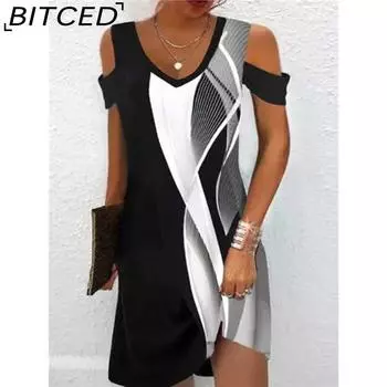 HNXC Женская мода Лето Весна Цветочный принт Короткие рукава V-образный вырез Повседневные платья S