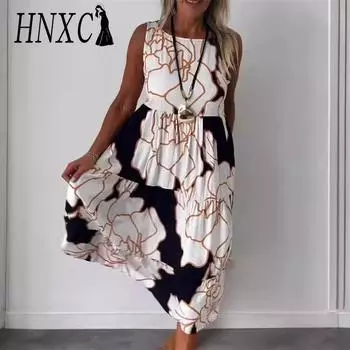 HNXC Женская мода Лето Весна Цветочный принт без рукавов с круглым вырезом Повседневные платья S красный