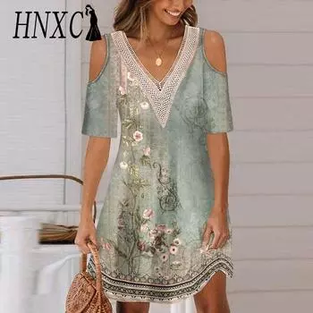 HNXC Женская мода Лето Весна Цветочный принт Короткие рукава V-образный вырез Повседневные платья S бордовый