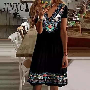 HNXC Женская мода Лето Весна Кружевной принт с короткими рукавами и v-образным вырезом Повседневные платья S фиолетовый