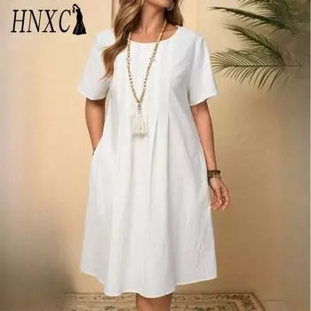 HNXC Женская Мода Лето Весна Однотонный Принт О-образный Вырез Высокая Талия Повседневные Платья S белый