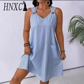 HNXC Женская мода Лето Весна Полосатый Принт Без Рукавов V-образный Вырез Повседневные Платья S синий