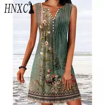 HNXC Женская мода Лето Весна Повседневные платья без рукавов S зелёный
