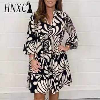 HNXC Женская мода Лето Весна с цветочным принтом и рукавом 3/4 с v-образным вырезом повседневные платья S чёрный