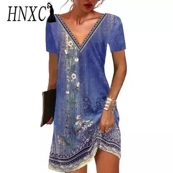 HNXC Женская мода Лето Весна с цветочным принтом с коротким рукавом и v-образным вырезом с высокой талией повседневные платья S зелёный