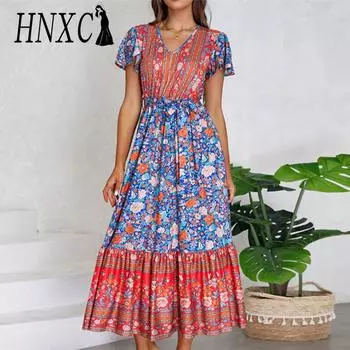 HNXC Женская мода Лето Весна с цветочным принтом с коротким рукавом и v-образным вырезом с высокой талией повседневные платья S синий