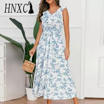 HNXC Женская мода Лето Весна с цветочным принтом с коротким рукавом и v-образным вырезом с высокой талией повседневные платья S жёлтый