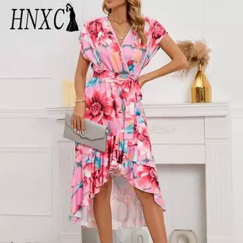 HNXC Женская мода Лето Весна с цветочным принтом с коротким рукавом и v-образным вырезом с высокой талией повседневные платья S зелёный